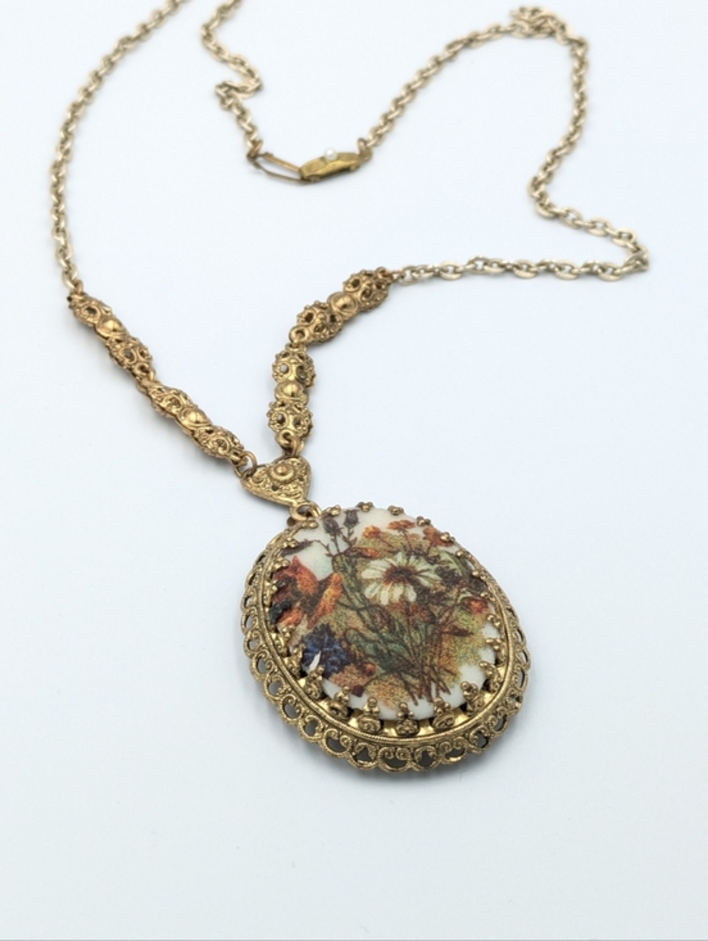 Vintage West Germany Sugar Flowers Necklace Pendant Filigree Gold Tone Fall